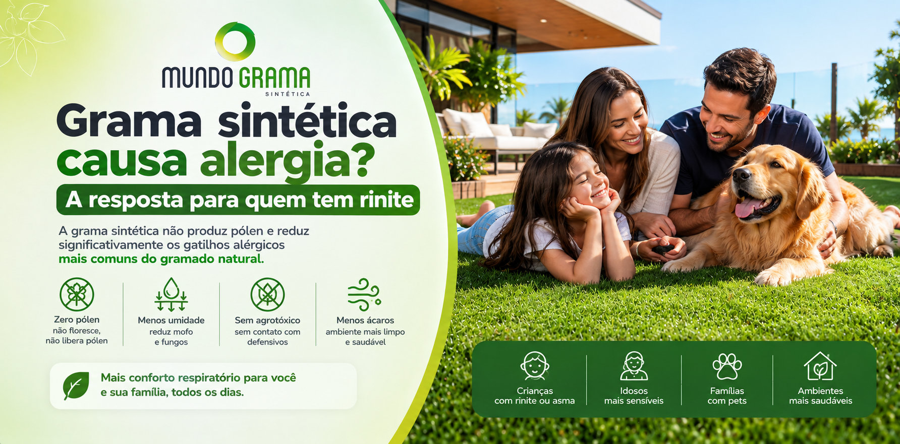 Grama sintética causa alergia? Família com criança e cachorro em gramado sintético