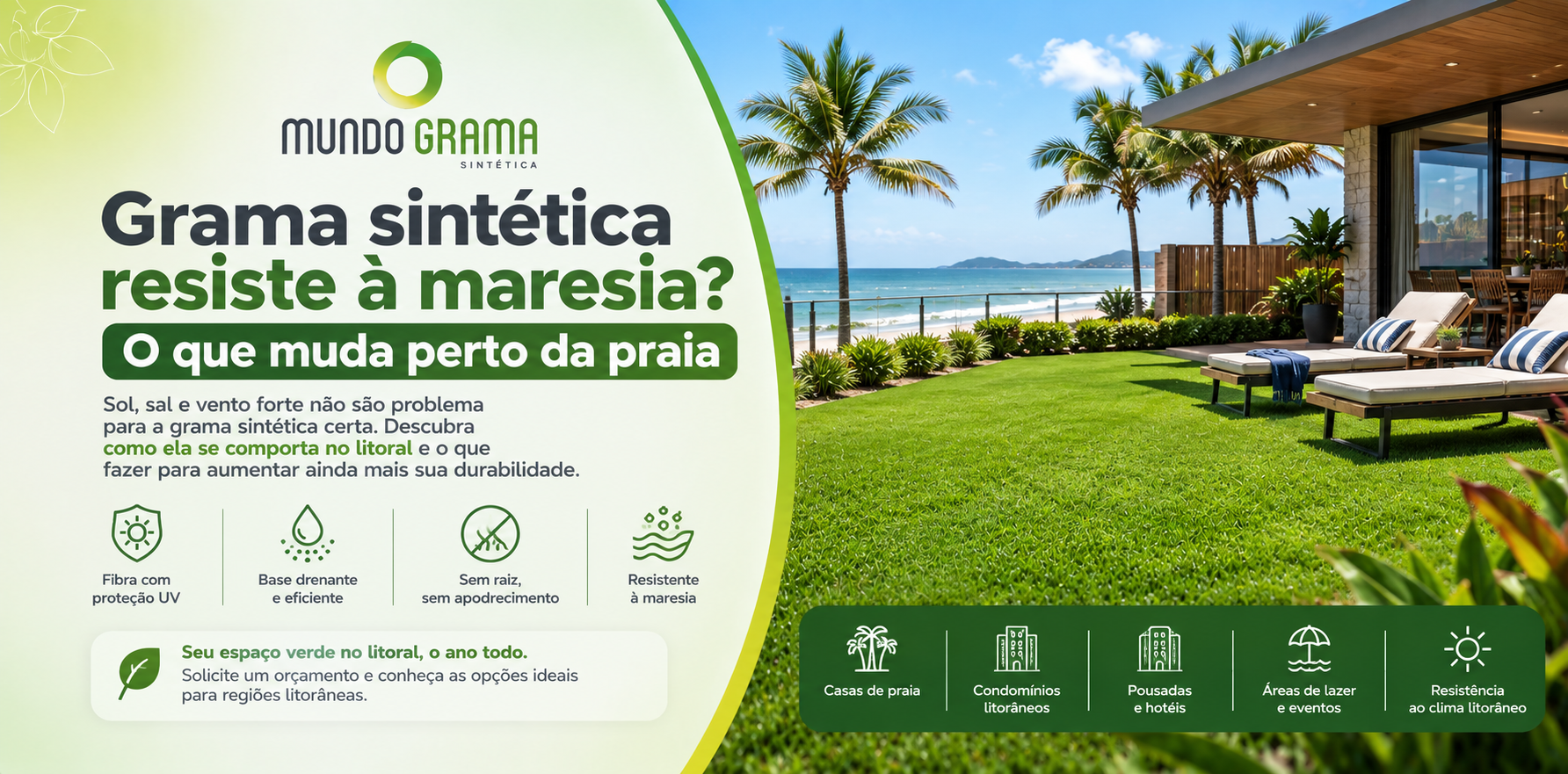 Grama sintética resiste à maresia em área externa de casa de praia