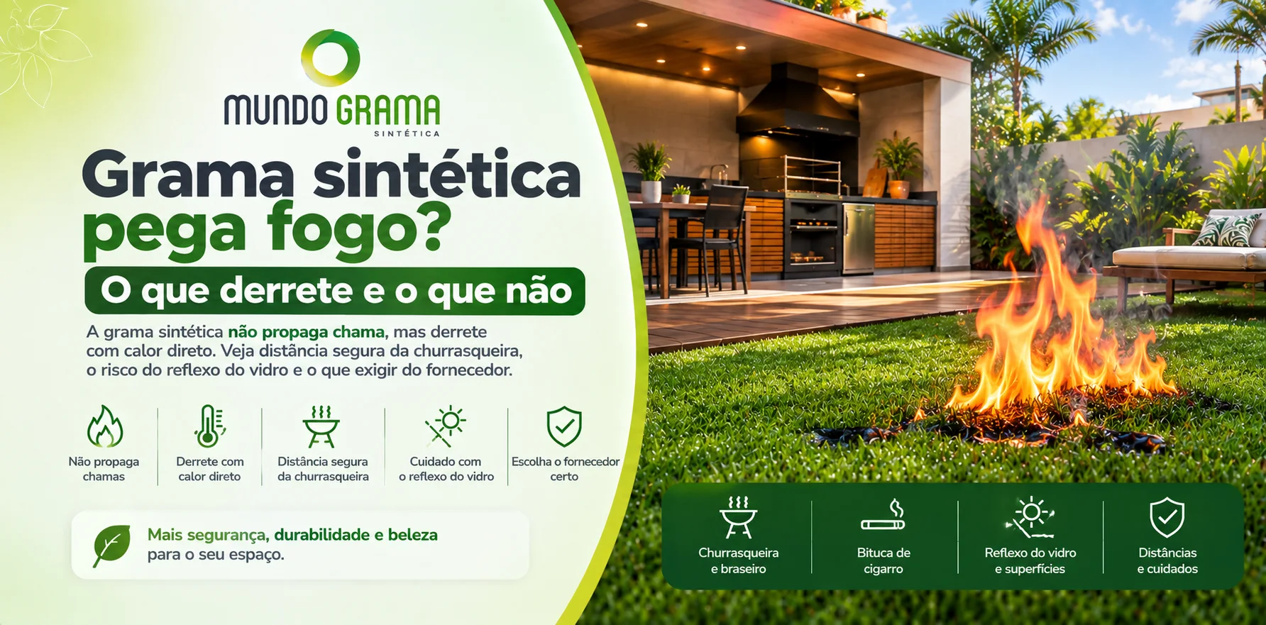 Grama sintética pega fogo? Área gourmet com churrasqueira ao lado de gramado sintético