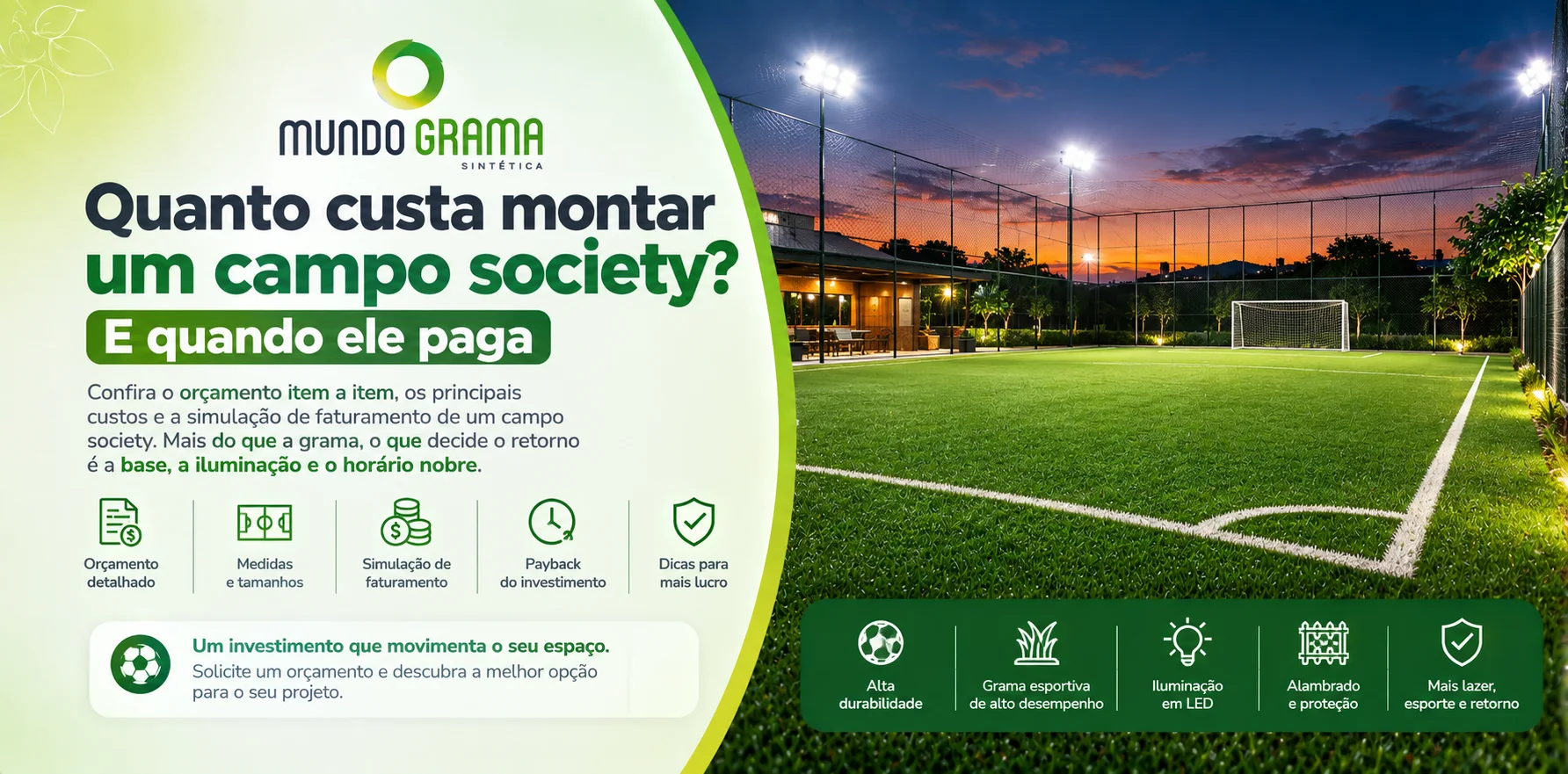 Quanto custa montar um campo society: campo de grama sintética esportiva iluminado à noite