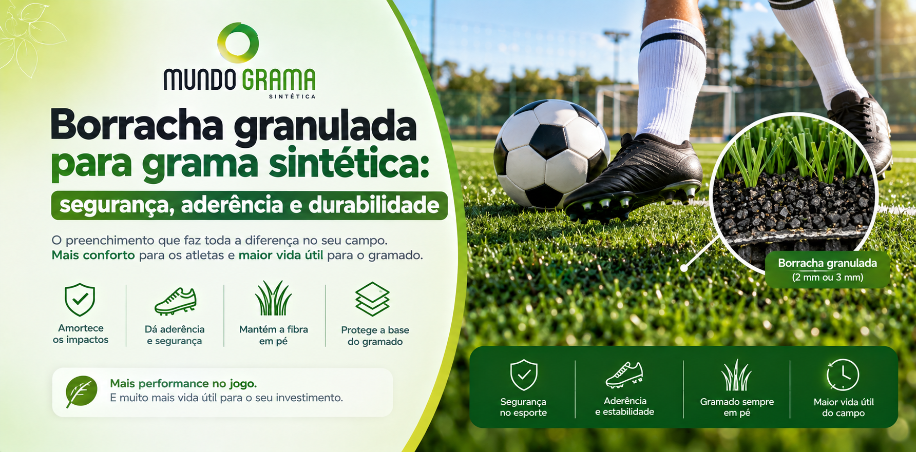 Borracha granulada para grama sintética aplicada em campo society