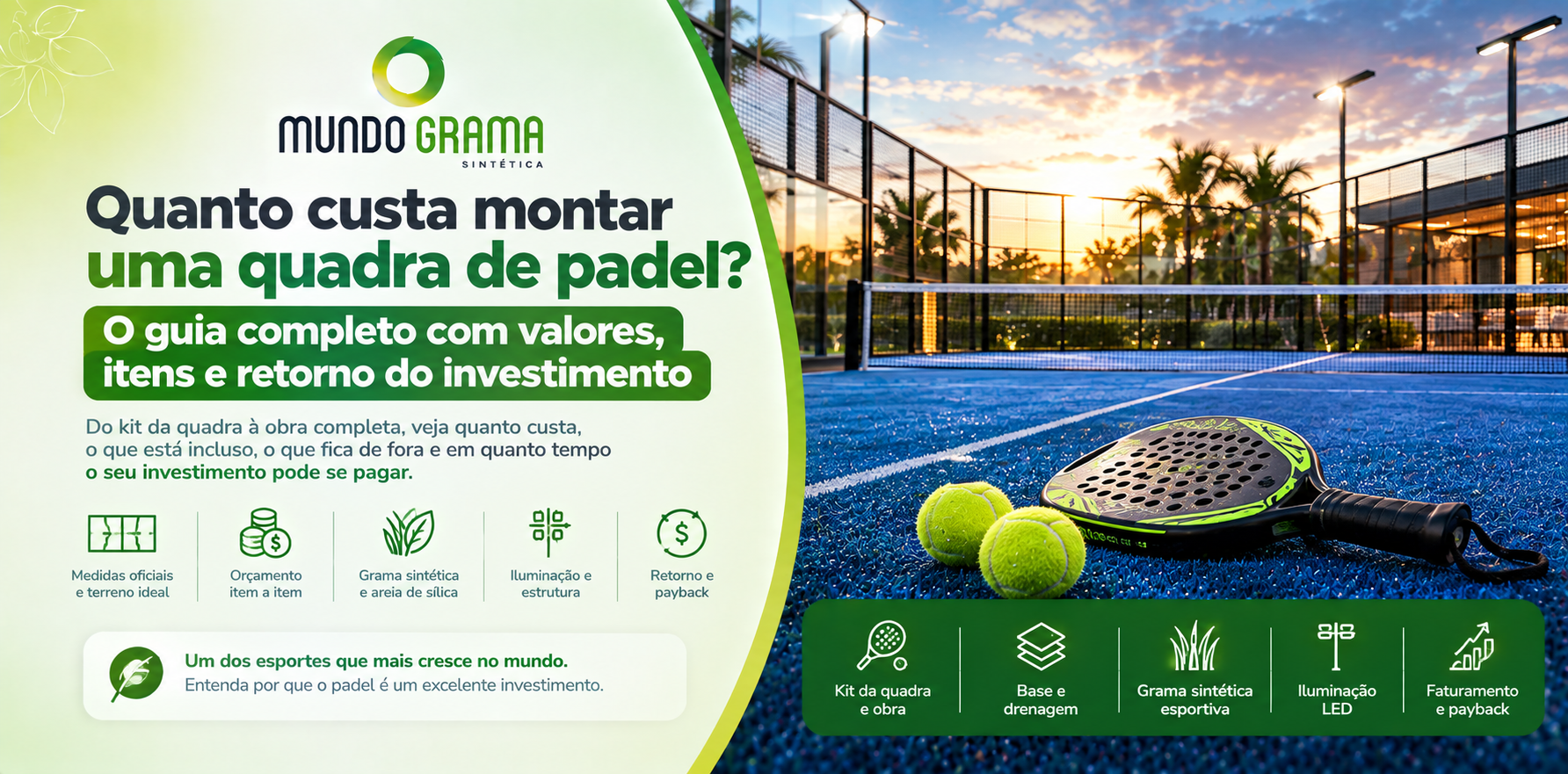 Quanto custa uma quadra de padel: quadra com estrutura de vidro e grama sintética